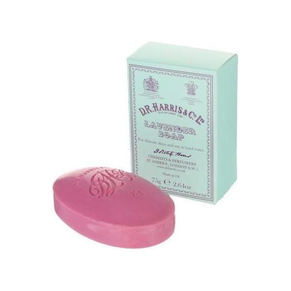 D. R. Harris & Co Lavender Hand Soap in a 75g bottle, featuring a classic design and lavender scent for gentle hand cleansing.
