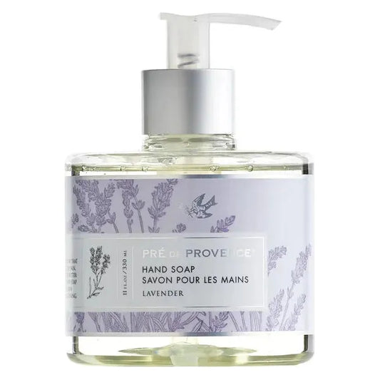 Lavender hand liquid soap in 11 oz bottle by Pre de Provence, featuring a floral lavender scent and gentle cleansing formula.