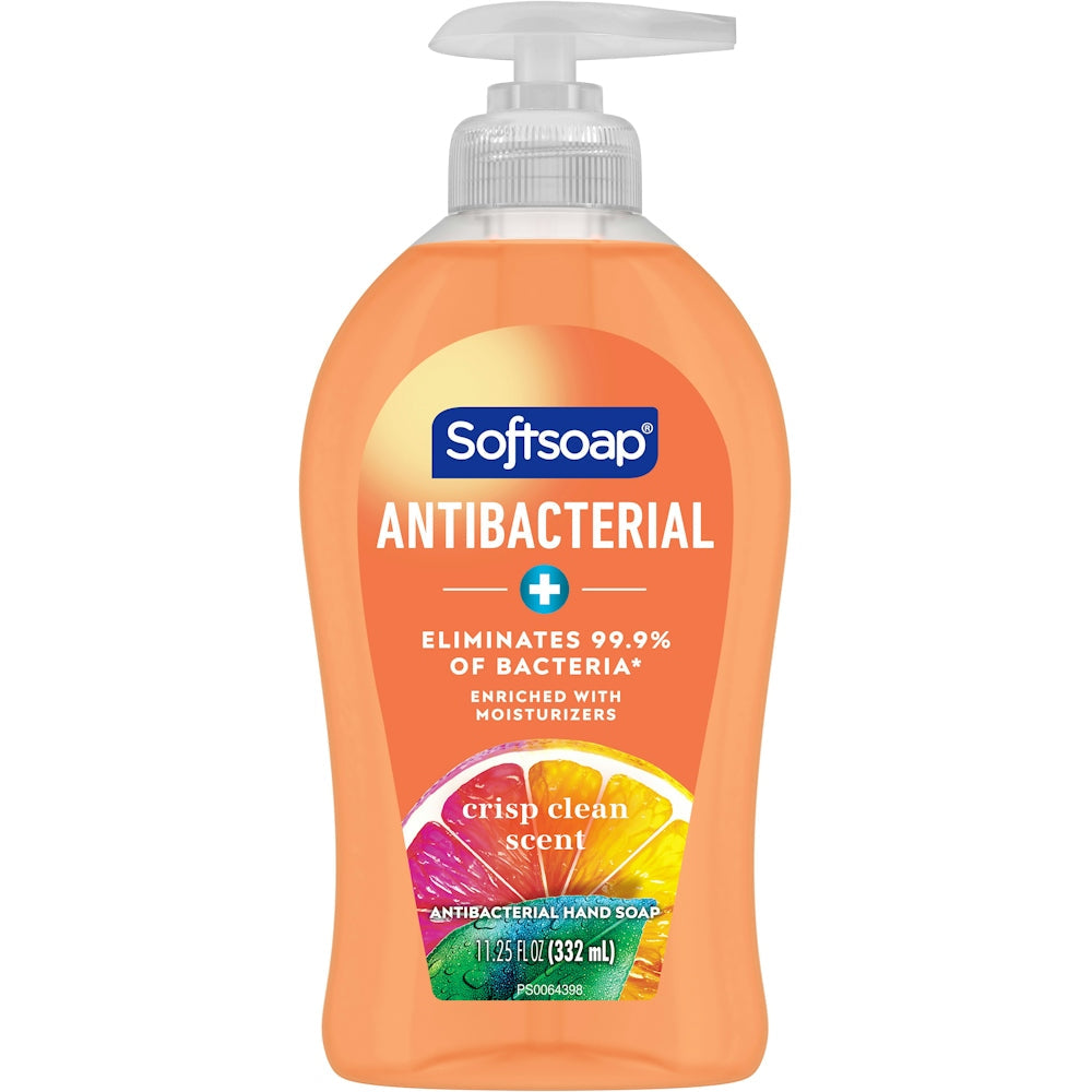 Softsoap antibacterial liquid hand soap pump with crisp clean scent, ideal for effective hand hygiene and fresh cleansing.