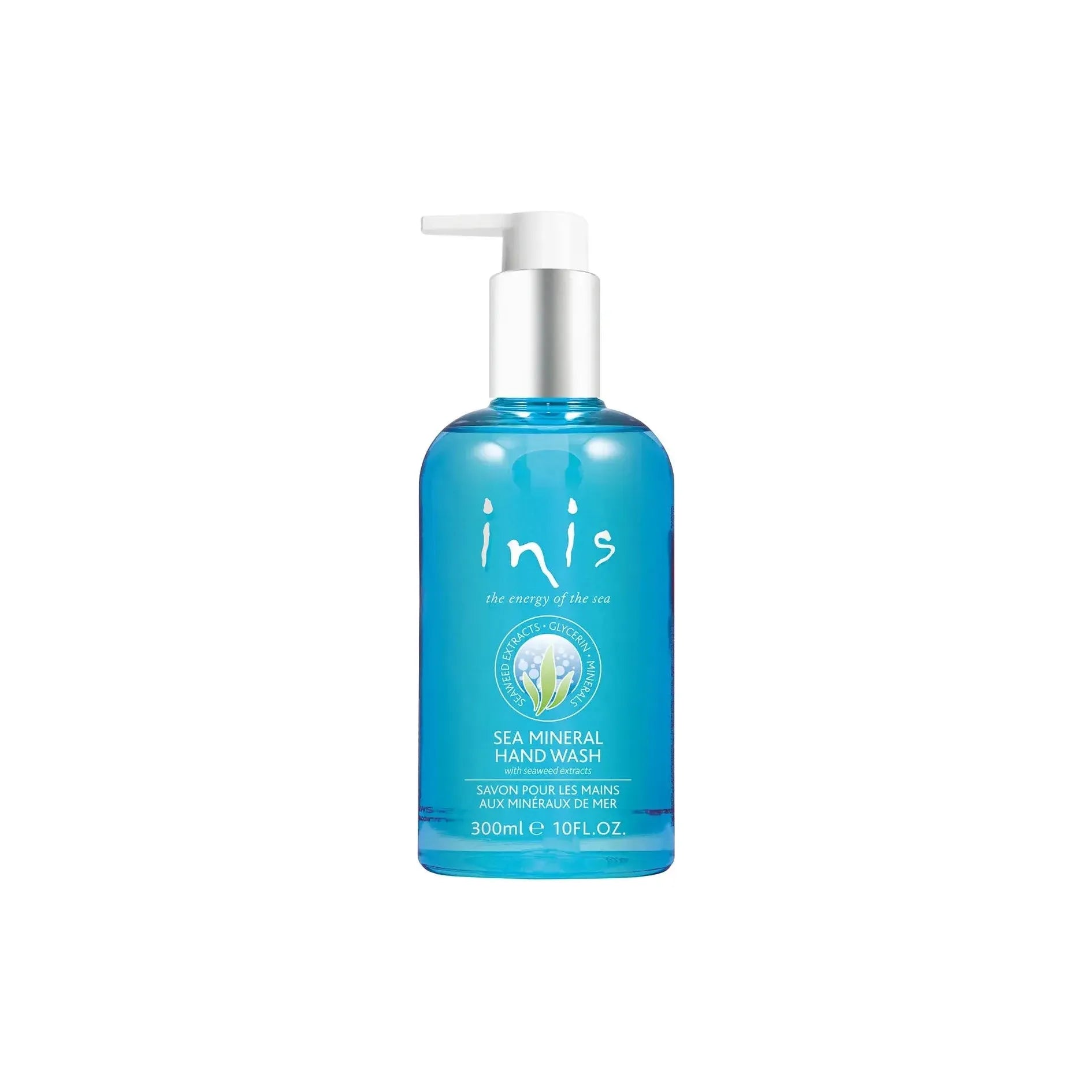 Inis Sea Mineral Hand Wash 300ml by Pasteur Pharmacy, bottle with marine-inspired label and pump dispenser, close-up view.