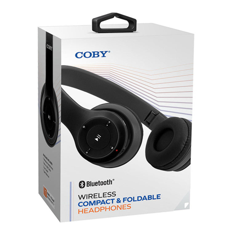 Wireless black Coby Electronics foldable headphones with compact design, shown in a natural view.