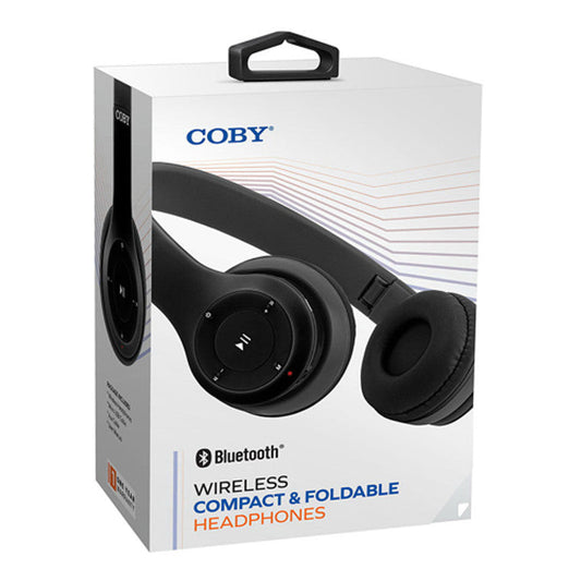 Wireless black Coby Electronics foldable headphones with compact design, shown in a natural view.