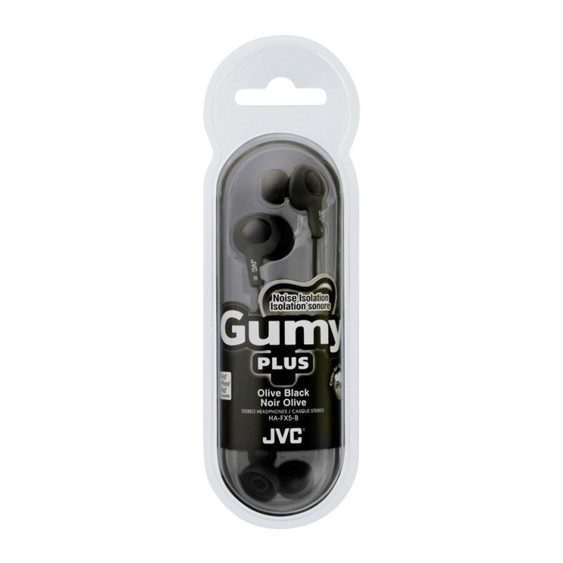Black JVC Gumy Plus earbuds with remote and microphone, in-ear headphones featuring a sleek design and inline controls.