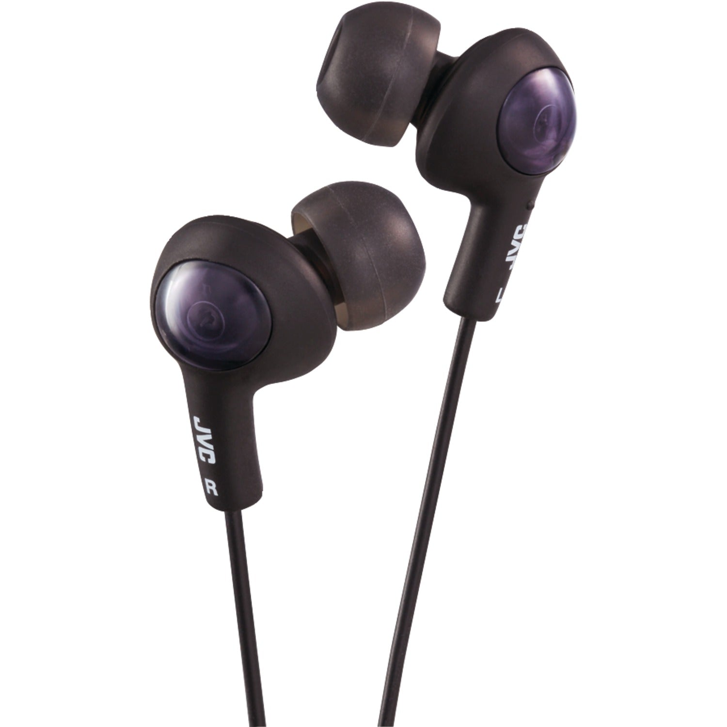Black JVC HAFX5B Gumy Plus inner ear earbuds, compact headphones with ergonomic design for comfortable listening.