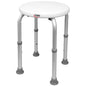 Adjustable compact round shower stool with heavy-duty construction, non-slip rubber feet, and tool-free assembly for bath safety.