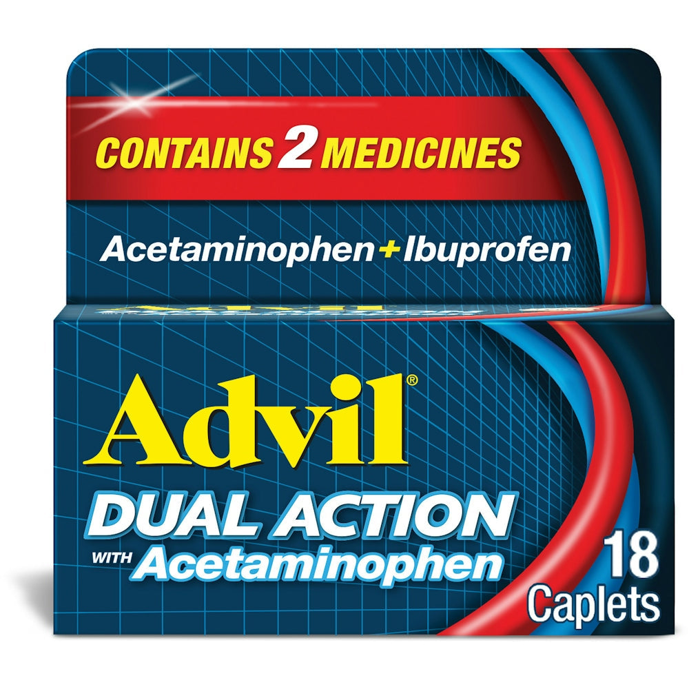 Advil Caplets Dual Action with Acetaminophen pain reliever in a bottle, 18 count, for pain relief and fever reduction.