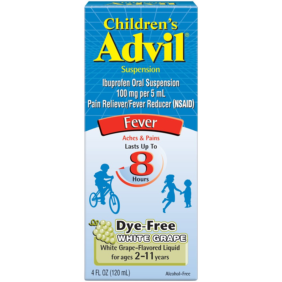 Advil Children’s Pain Reliever and Fever Reducer in 4oz dye-free White Grape liquid, designed for kids’ health and comfort.