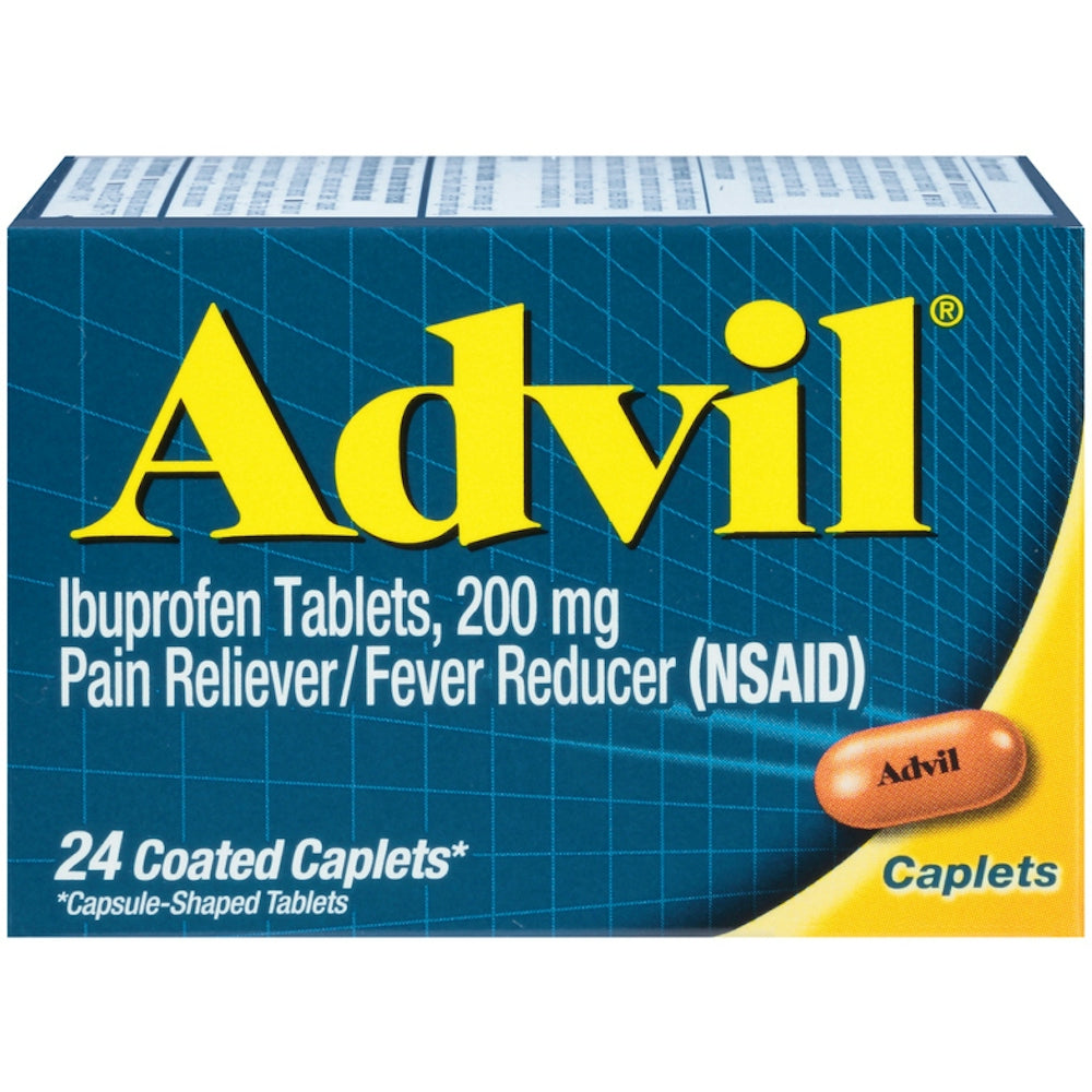 Advil Coated Caplets, pain reliever and fever reducer with 200 mg ibuprofen, in blister pack for effective relief.