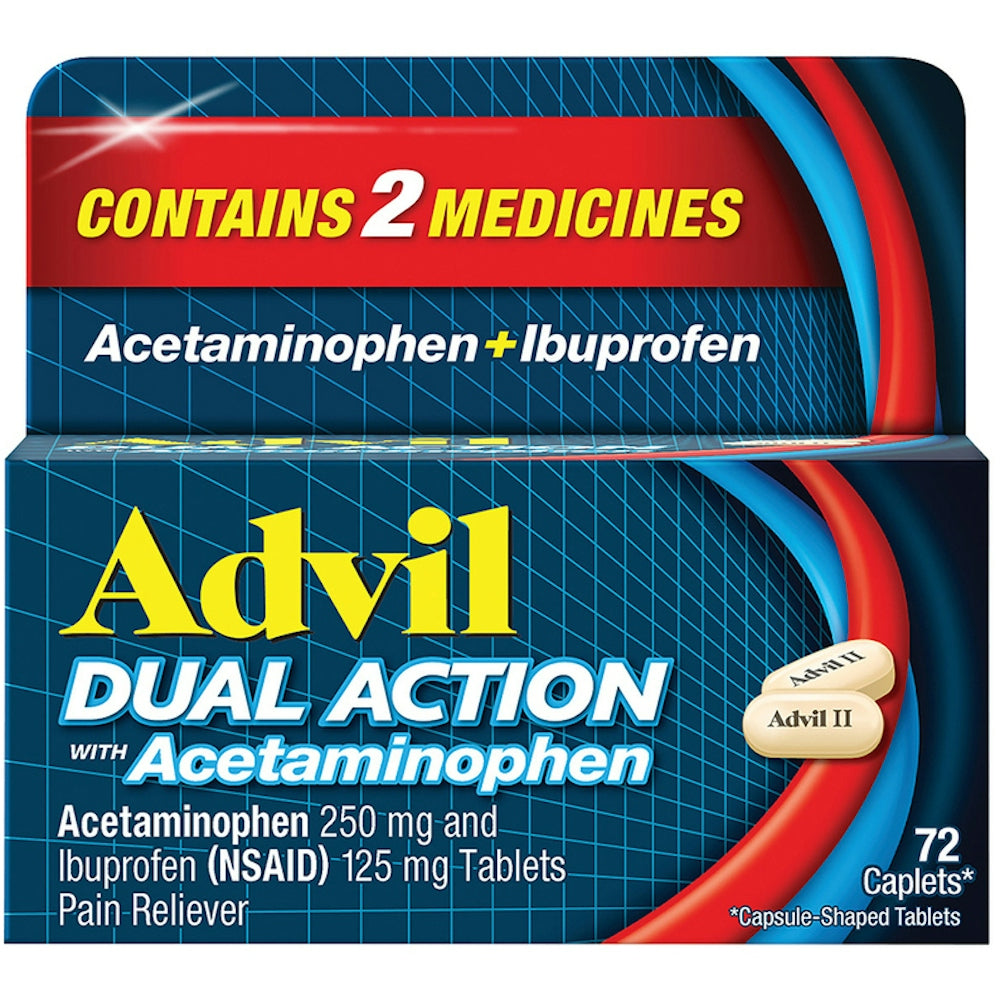 Advil Dual Action coated caplets with ibuprofen and acetaminophen for pain relief, displayed in a blister pack.