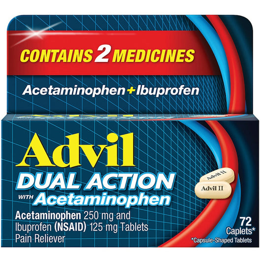 Advil Dual Action coated caplets with ibuprofen and acetaminophen for pain relief, displayed in a blister pack.
