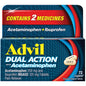 Advil Dual Action coated caplets with ibuprofen and acetaminophen for pain relief, displayed in a blister pack.
