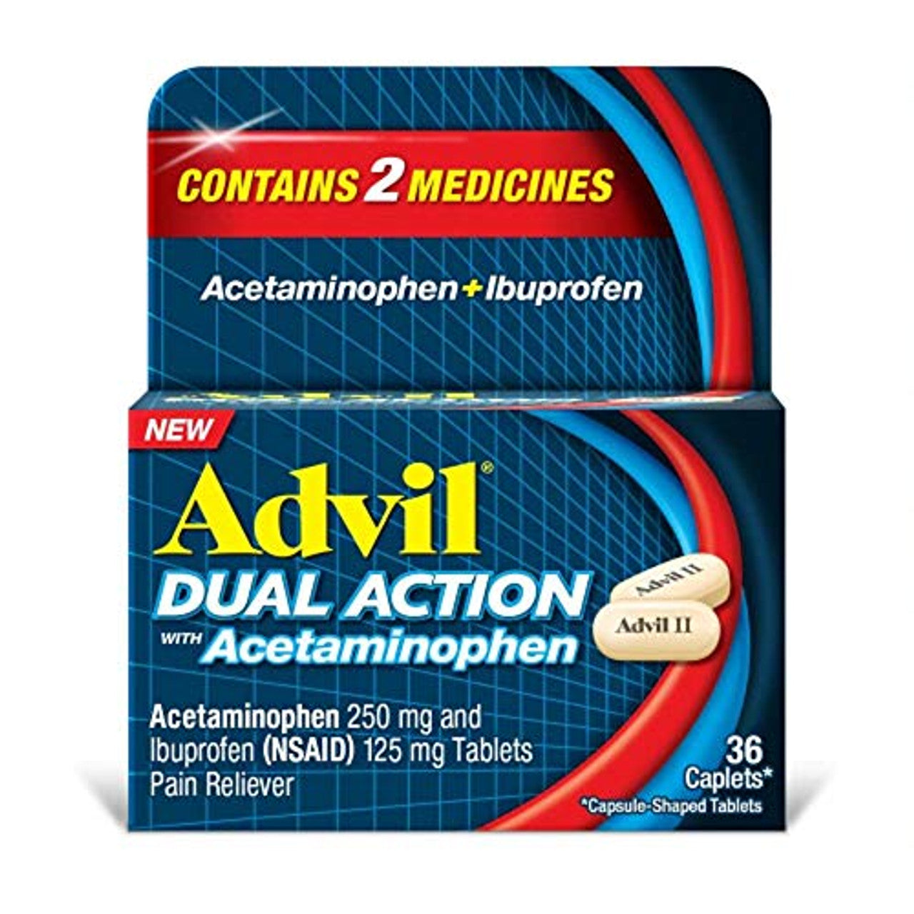 Advil Dual Action pain reliever caplets with acetaminophen, in a blister pack, for effective headache and pain relief.