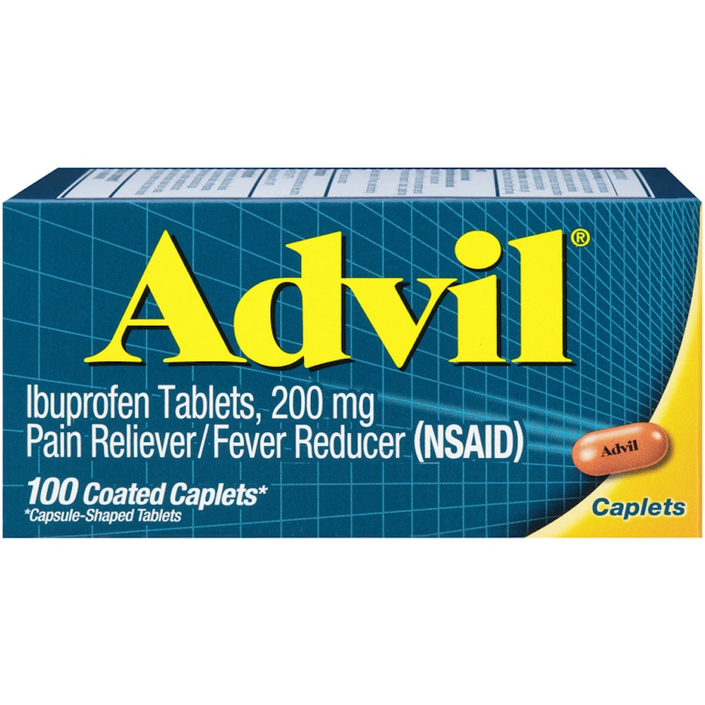 Advil Ibuprofen pain reliever and fever reducer caplets, 200 mg, in a bottle, for headache and body pain relief.