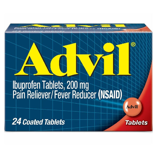 Advil Ibuprofen pain reliever and fever reducer 200 mg coated tablets from Pasteur Pharmacy, displayed in blister pack.