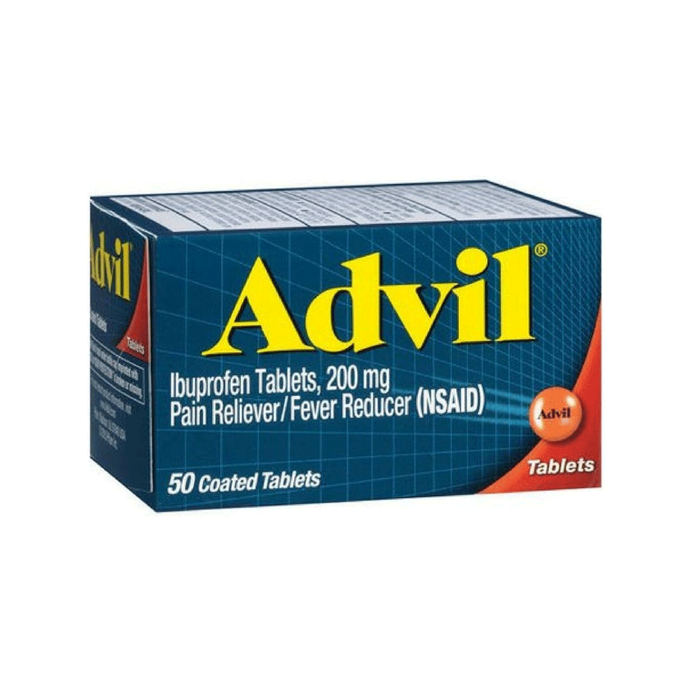 Advil Ibuprofen pain reliever and fever reducer coated tablets, 200 mg, in blister pack, by Pasteur Pharmacy.