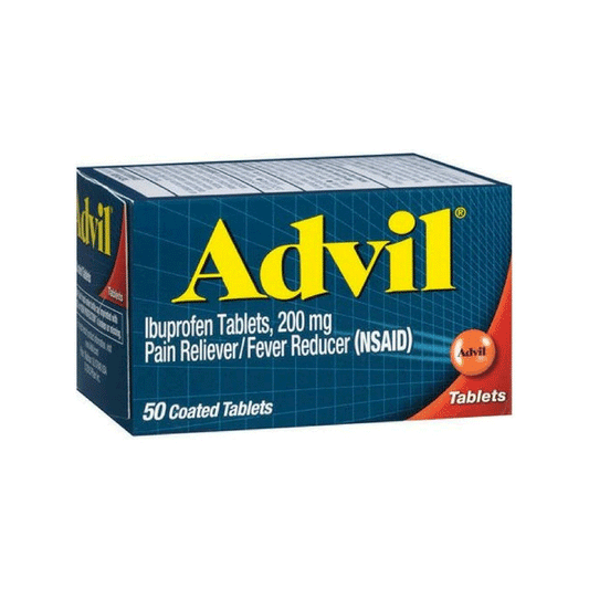 Advil Ibuprofen pain reliever and fever reducer coated tablets, 200 mg, in blister pack, by Pasteur Pharmacy.