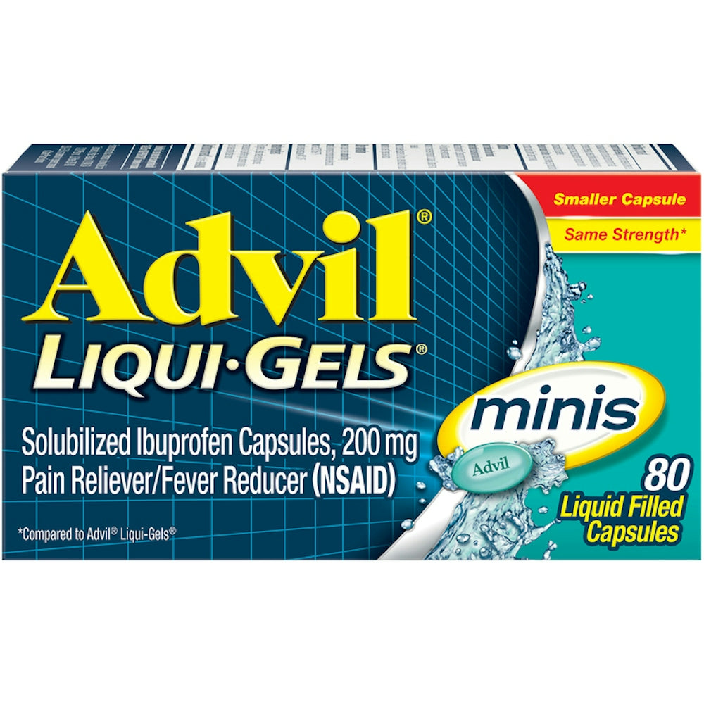 Advil Liqui-Gels Minis pain and fever relief capsules with 200 mg ibuprofen, shown in blister pack for health and beauty use.