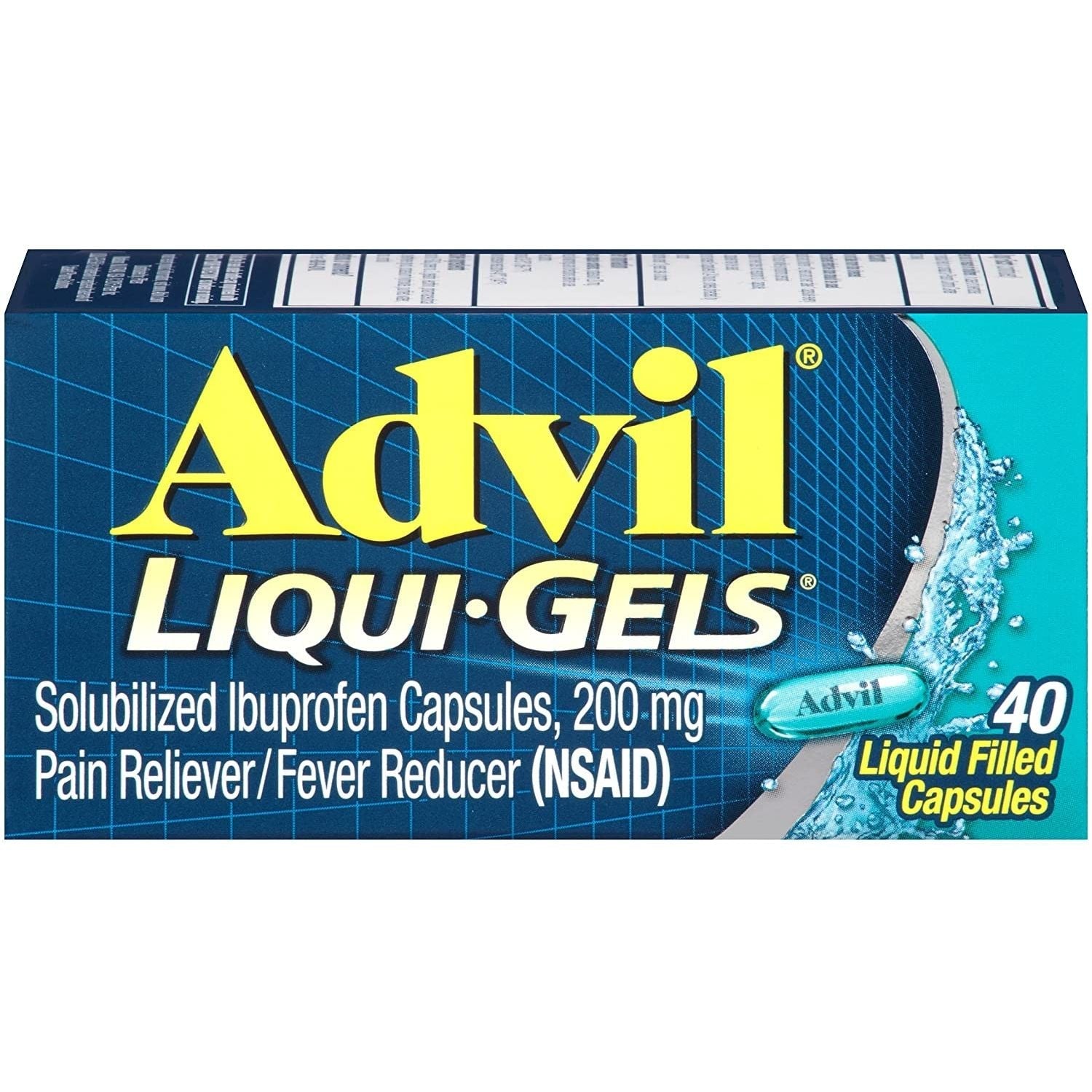 Advil Liqui-Gels pain and fever relief capsules with 200 mg ibuprofen, displayed in blister pack on a white background.
