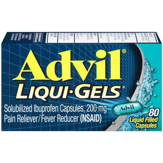 Advil Liqui-Gels pain reliever and fever reducer capsules by Pasteur Pharmacy, liquid-filled ibuprofen NSAID medication.