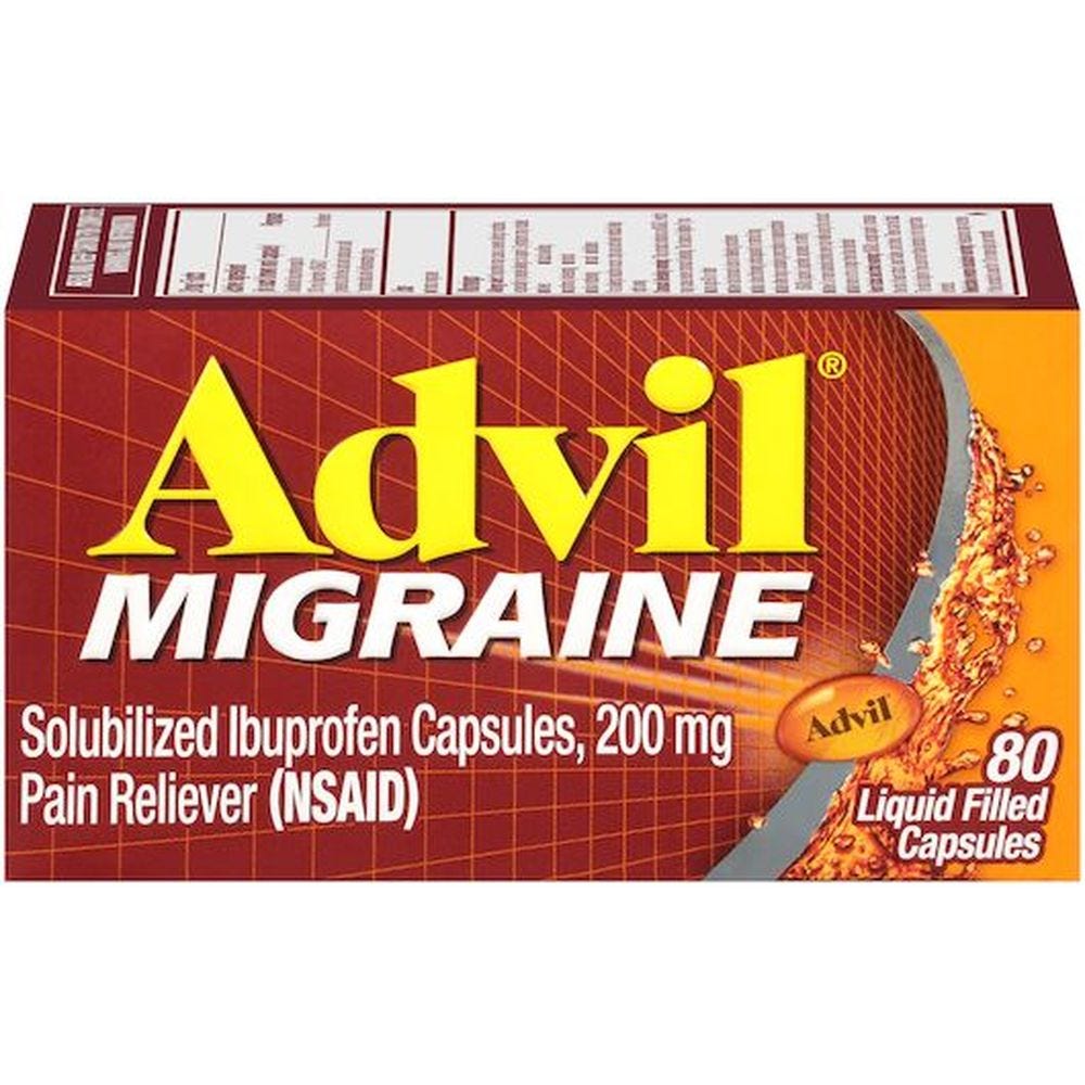 Advil Migraine Pain Reliever 200 mg liquid-filled capsules, 80 count bottle, for fast relief from migraine pain.