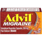 Advil Migraine Pain Reliever 200 mg liquid-filled capsules, 80 count bottle, for fast relief from migraine pain.