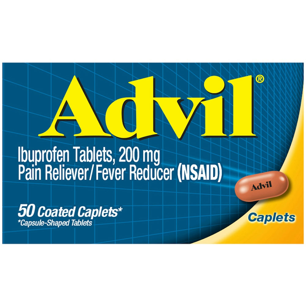 Advil Pain Reliever and Fever Reducer 200 mg caplets by Pasteur Pharmacy, showing a bottle of 50 caplets for relief of pain and fever.