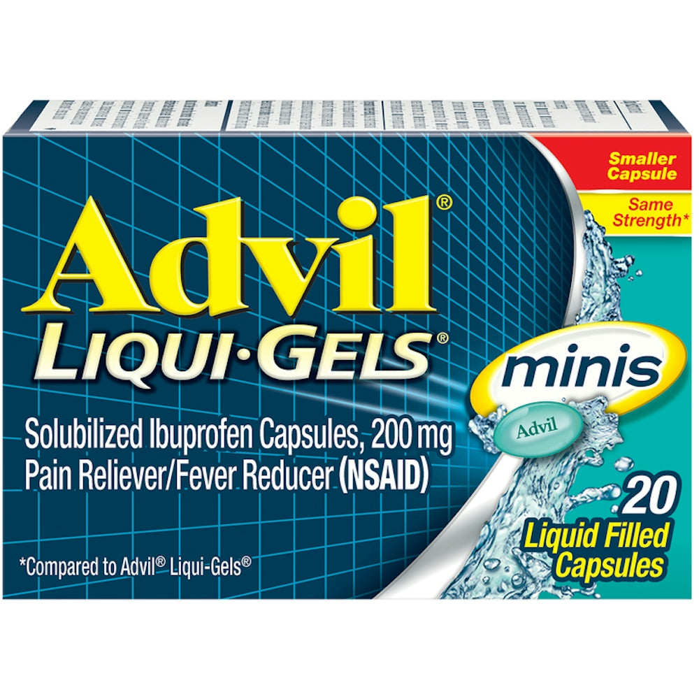 Advil Pain Reliever Fever Reducer 200 mg liquid-filled capsule minis, health and beauty product by Pasteur Pharmacy.