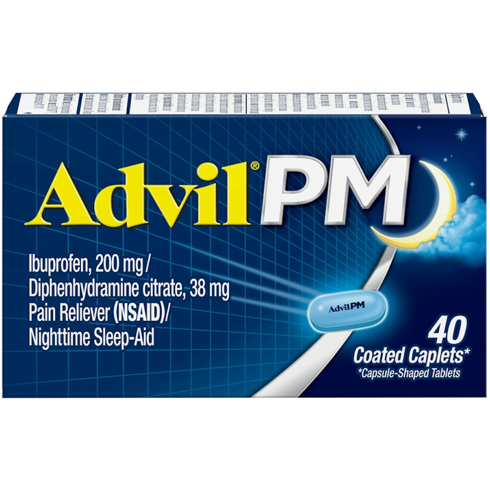 Advil PM pain reliever and sleep aid caplets with 200mg ibuprofen and 38mg diphenhydramine, coated for nighttime relief.