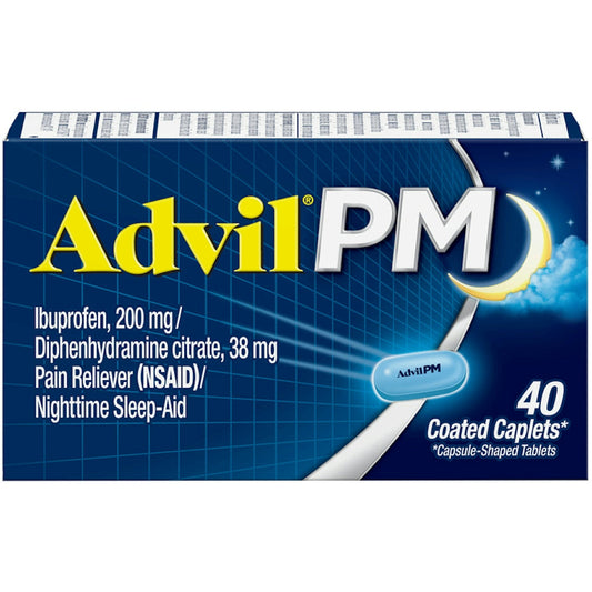 Advil PM pain reliever and sleep aid caplets with 200mg ibuprofen and 38mg diphenhydramine, coated for nighttime relief.