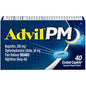 Advil PM pain reliever and sleep aid caplets with 200mg ibuprofen and 38mg diphenhydramine, coated for nighttime relief.