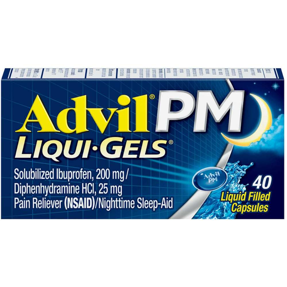 Advil PM Liqui-Gels pain reliever and sleep aid capsules with 200mg ibuprofen and 25mg diphenhydramine in a blister pack.