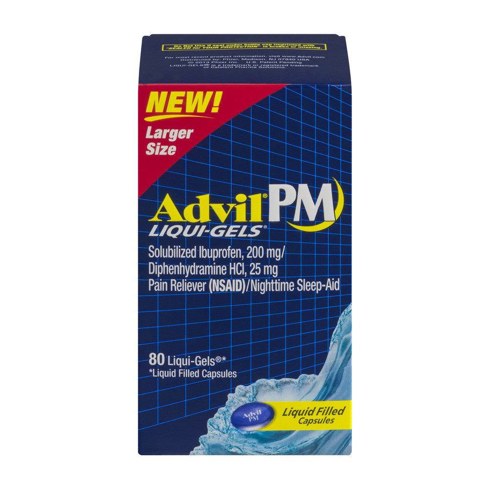 Advil PM Liqui-Gels pain reliever and sleep aid capsules by Pasteur Pharmacy, containing ibuprofen and nighttime sleep support.