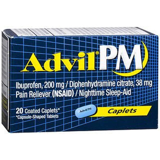Advil PM pain reliever and sleep aid coated caplets in a blister pack, used for nighttime relief of pain and promoting sleep.