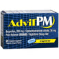 Advil PM pain reliever and sleep aid coated caplets in a blister pack, used for nighttime relief of pain and promoting sleep.