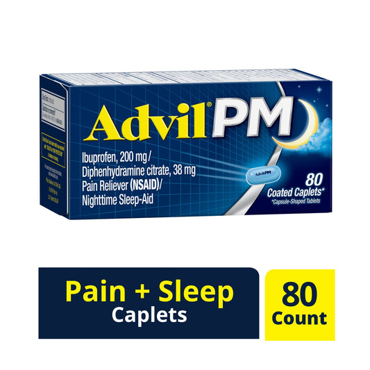 Advil PM pain reliever and sleep aid coated caplets in blister pack, designed for nighttime relief and restful sleep.