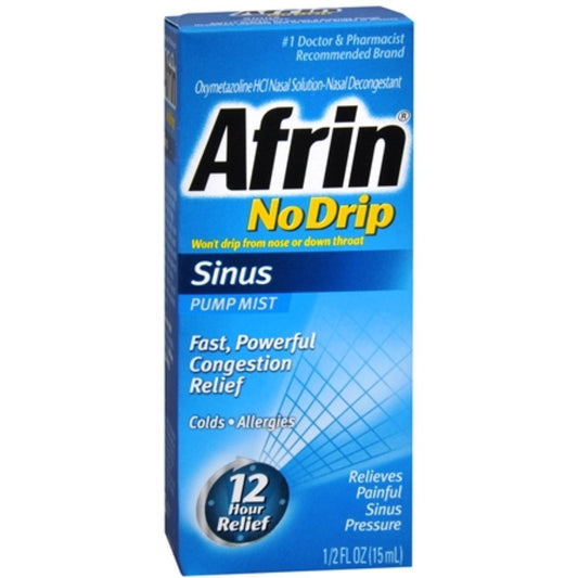 Afrin Nasal Pump Mist for allergy and sinus relief, 0.5 fl oz, in a clear nasal spray bottle with a pump dispenser