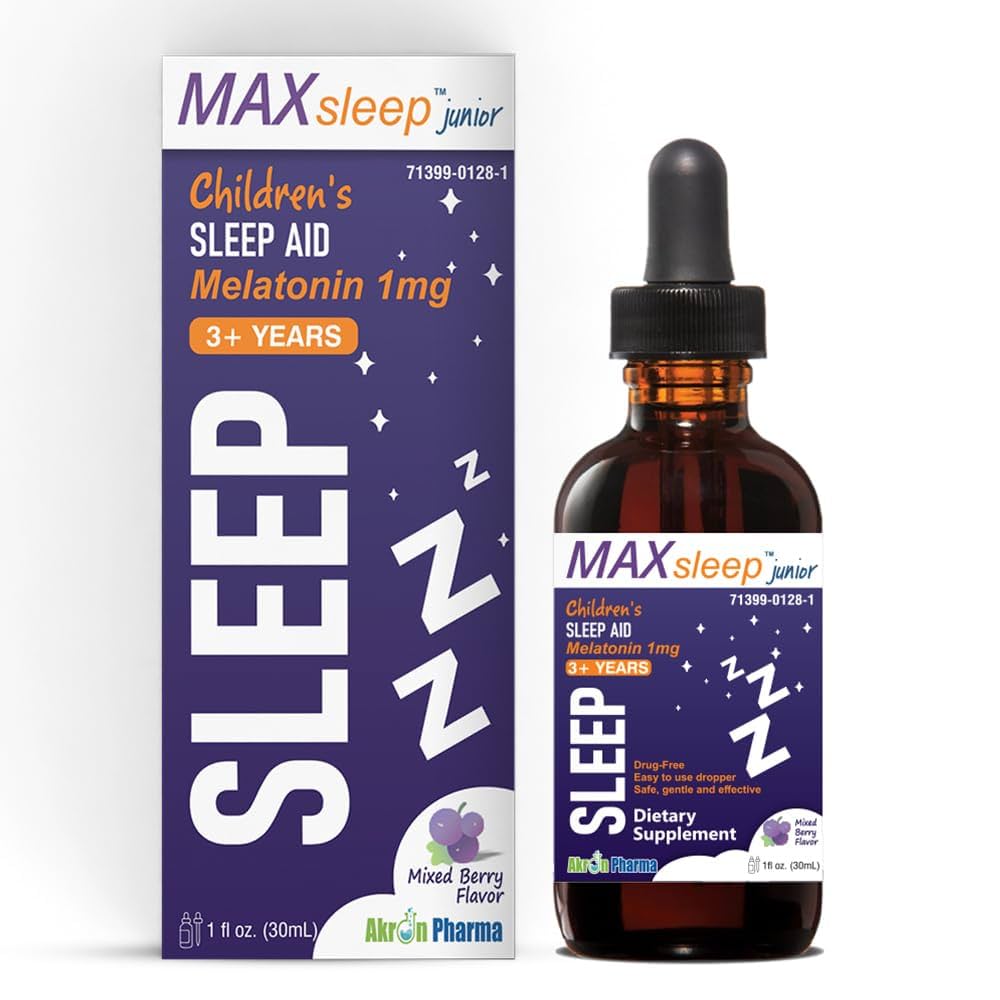 Akron Pharma MAX Sleep Junior melatonin sleep drops for kids, in a small bottle with a dropper for promoting restful sleep.