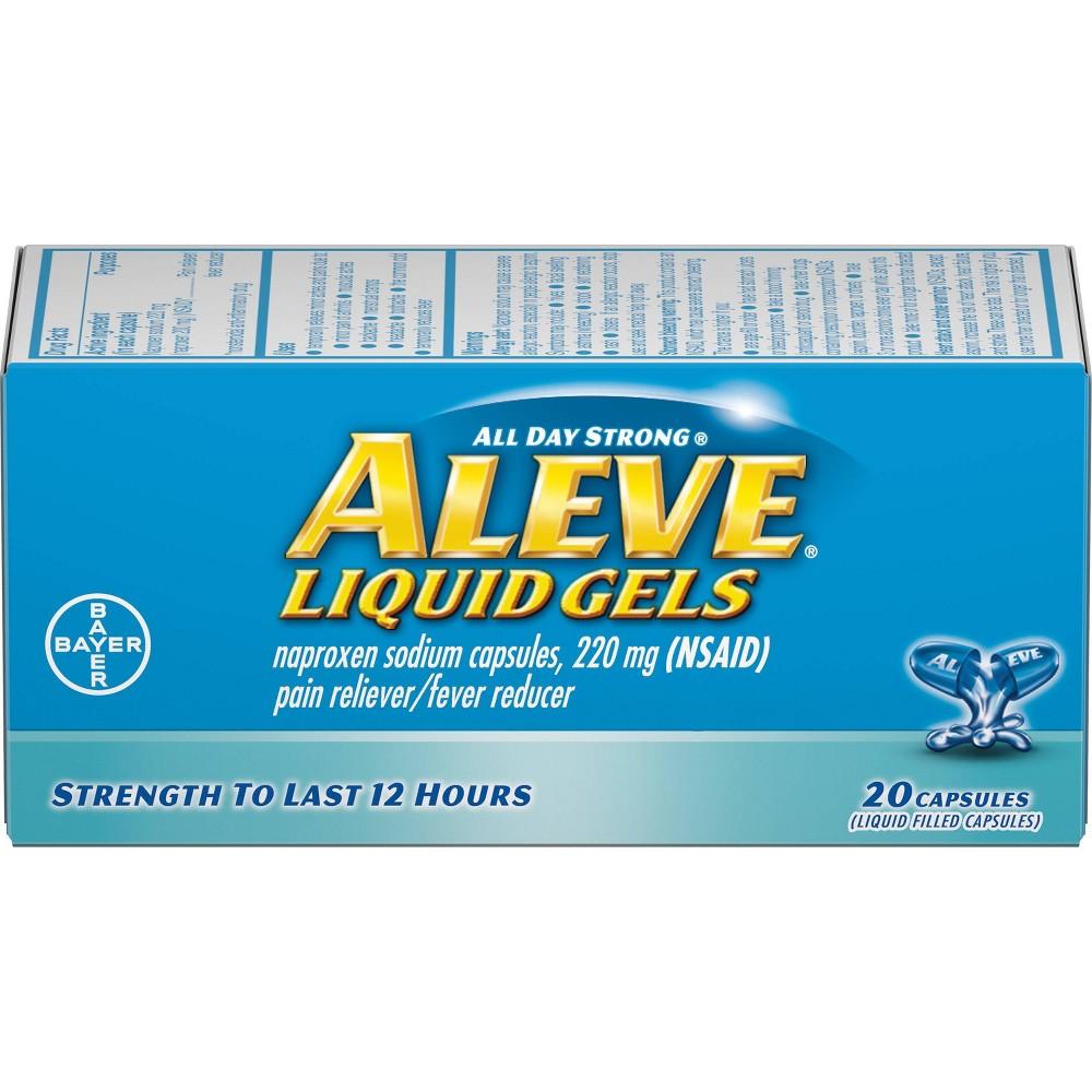 Aleve Liquid Gels with Naproxen Sodium for pain relief and fever reduction, 220 mg, in a blister pack.