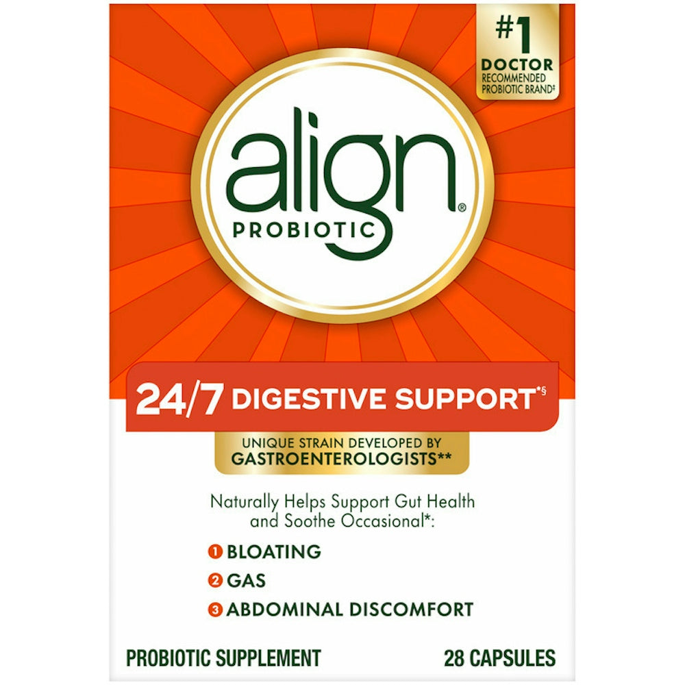 Align Probiotic capsules for daily digestive health, with natural ingredients, in a clear bottle, from Pasteur Pharmacy.