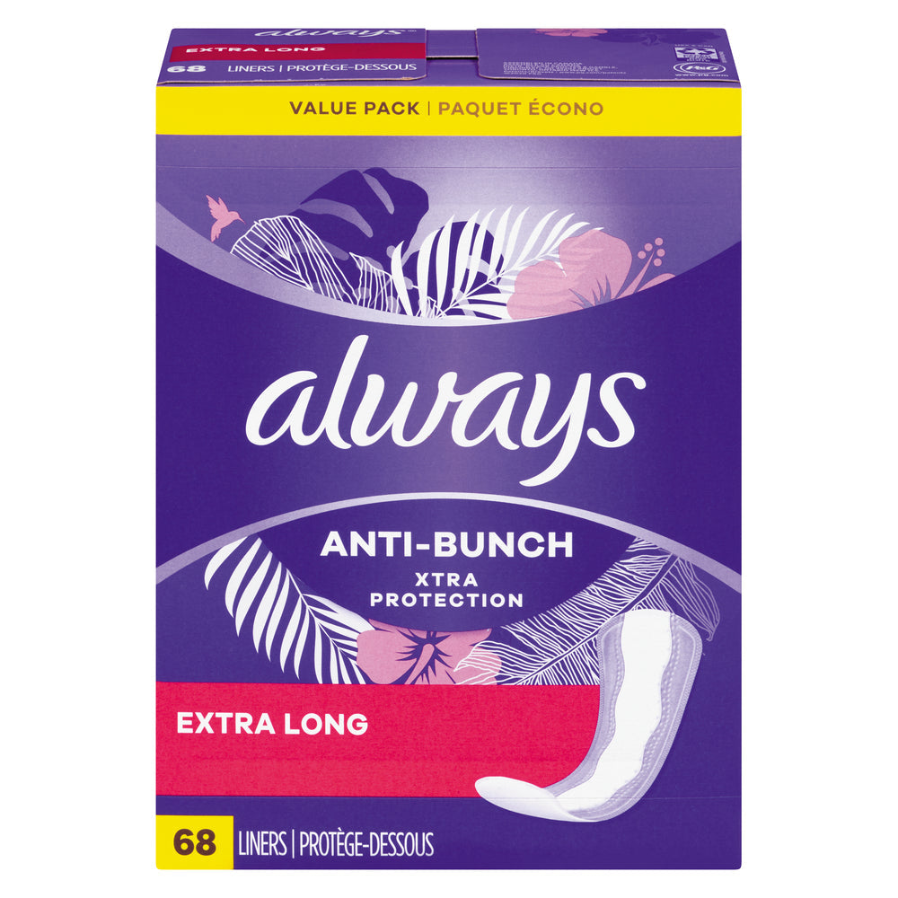Always Daily Liners with extra protection, extra long, double pack, for discreet health and feminine hygiene.