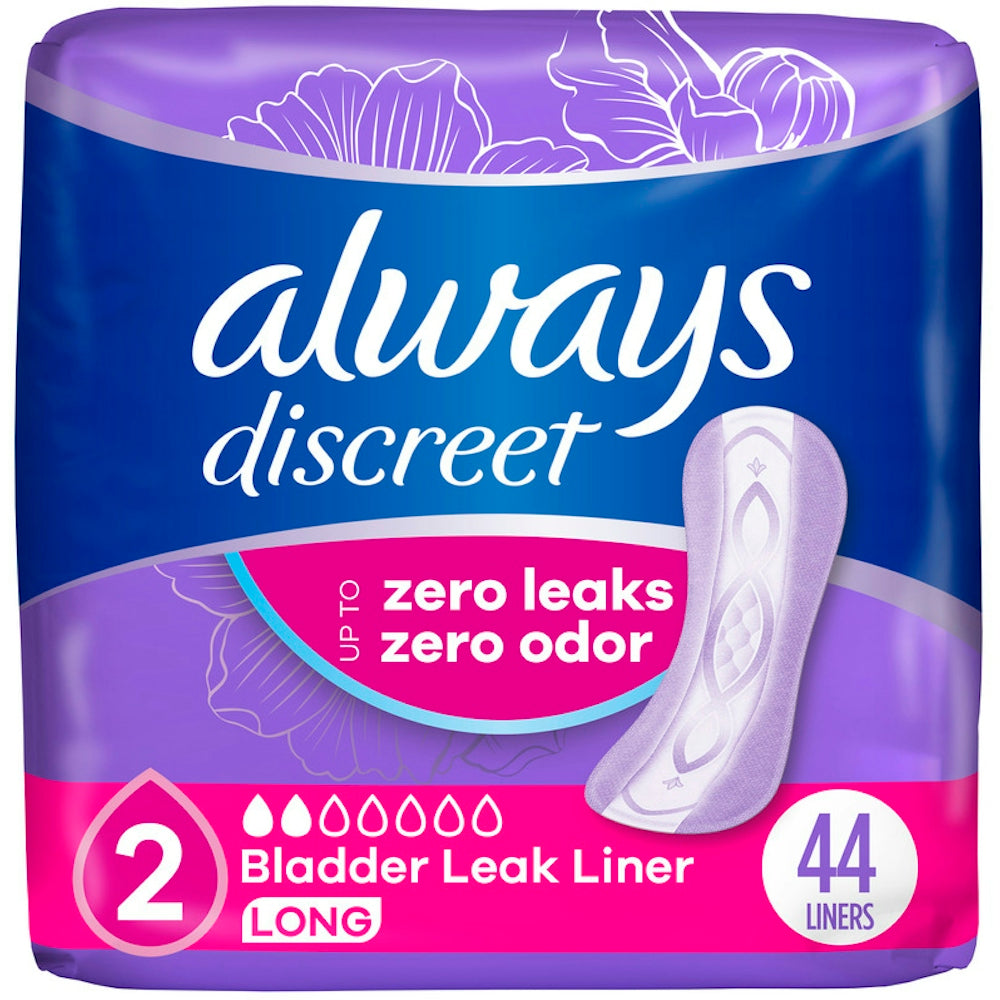 Always Discreet Very Light Absorbency Long Length Incontinence Liners from Pasteur Pharmacy, shown in a box with product packaging.