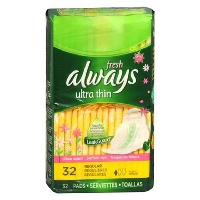 Always Ultra Thin Pads with Flexi Wings, Regular size, fresh scent, by Pasteur Pharmacy, shown in a box with packaging details.