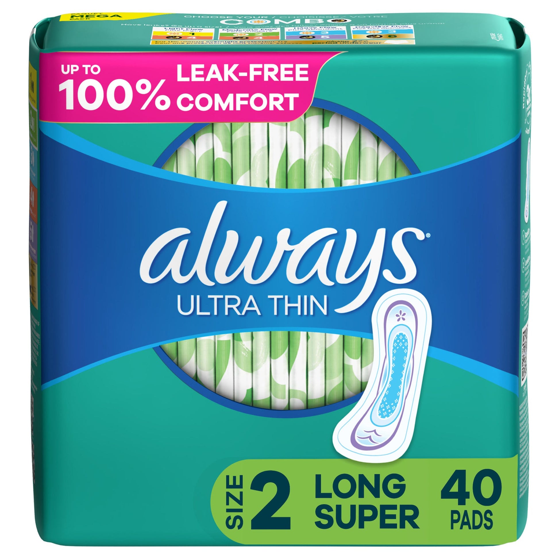Always Ultra Thin Pads without wings, long super size 2, from Pasteur Pharmacy, showing the slender, absorbent sanitary pad.