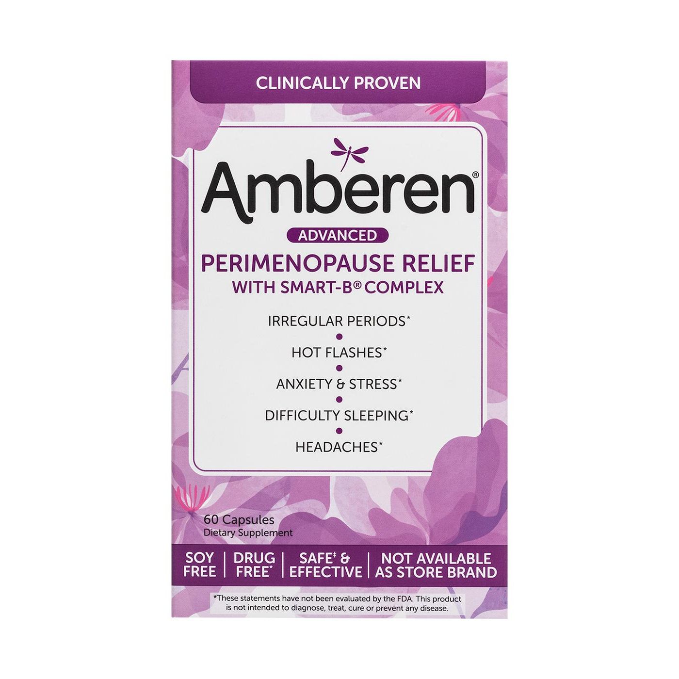 Amberen Advanced Perimenopause Relief capsules in a white bottle with label, used for menopause symptom relief.