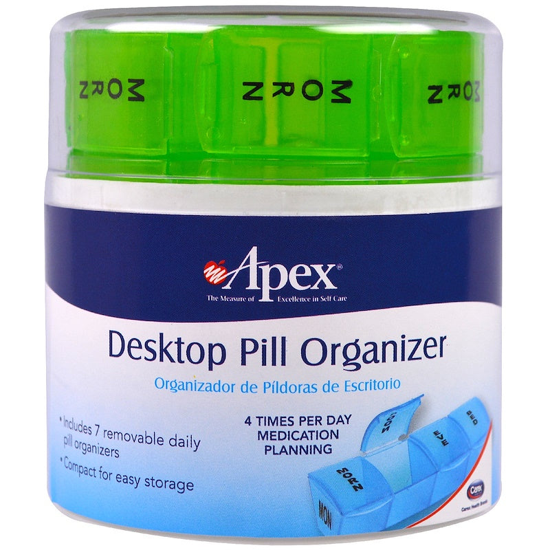 Apex Carex plastic desktop pill organizer with multiple compartments for medication storage, in a health and beauty setting.