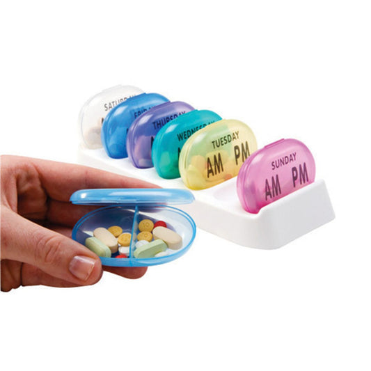 Apex Pocket Med Pack with 7-day tray from Pasteur Pharmacy, showing a compact medication organizer with labeled compartments.