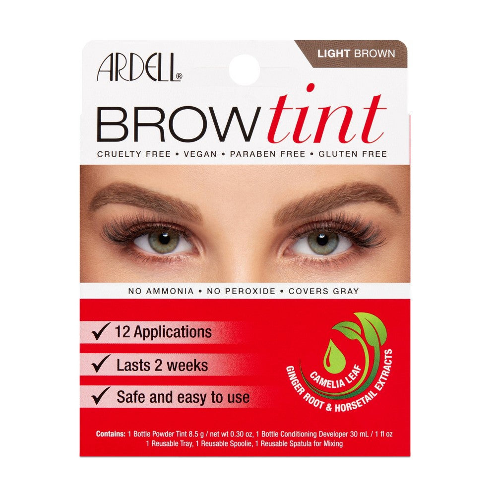 Ardell Brow Tint Semi-Permanent Dye Kit in Light Brown for natural, defined eyebrows, includes dye and applicator tools.