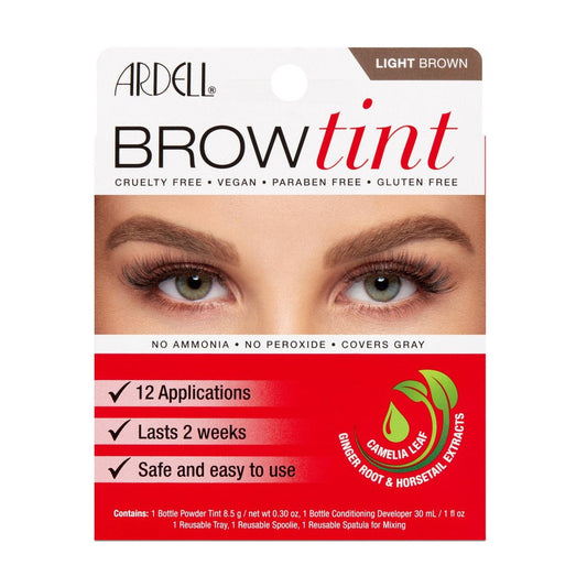Ardell Brow Tint Semi-Permanent Dye Kit in Light Brown for natural, defined eyebrows, includes dye and applicator tools.