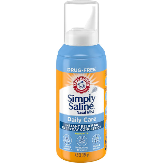 Arm & Hammer Simply Saline Nasal Spray in 4.5oz bottle for daily nasal relief, used for moisturizing and clearing nasal passages.
