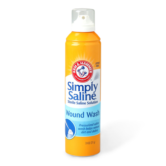 Arm & Hammer Simply Sterile Wound Wash Saline in a 7 oz bottle, used for cleaning and soothing minor cuts and wounds.